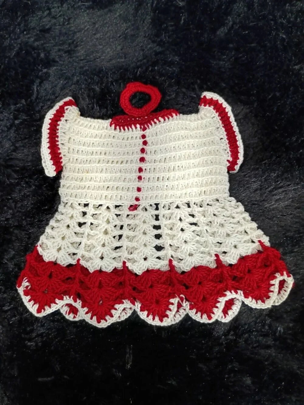 Handmade Crochet Dress-Style Kitchen Towel Holder In White & Red With Hanging Lo